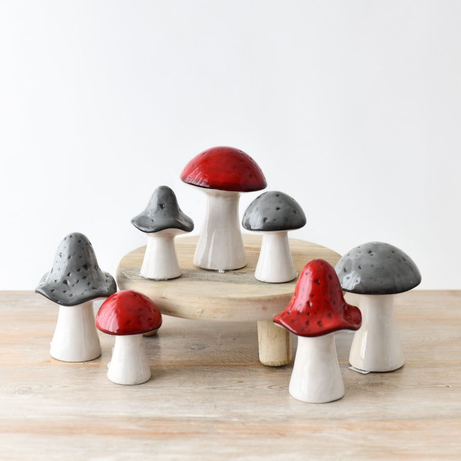 Red Mushroom Ceramic Ornament 9cm Woodland Home Decor Natural Stem Accent