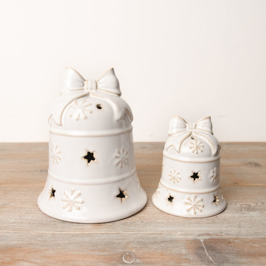 White Reactive Glaze Bell Ornament 10cm LED Snowflakes & Star Cut Outs