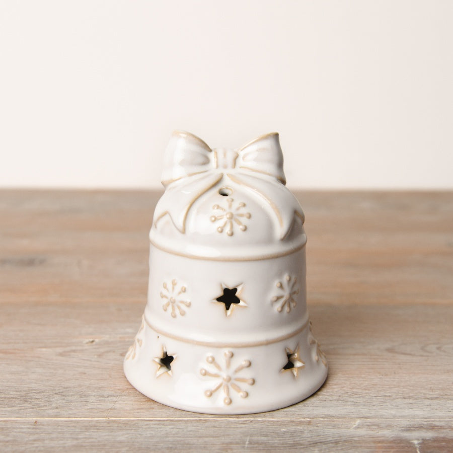 White Reactive Glaze Bell Ornament 10cm LED Snowflakes & Star Cut Outs