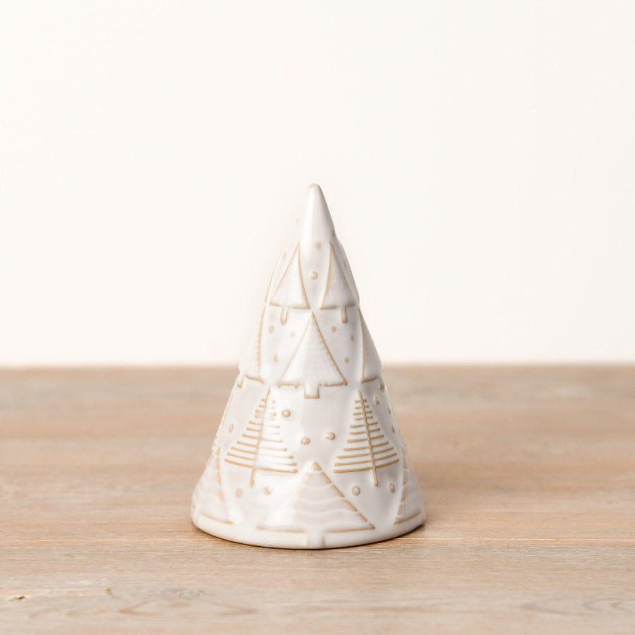 Ceramic White Reactive Glaze Tree Ornament 10cm Festive Embossed Design