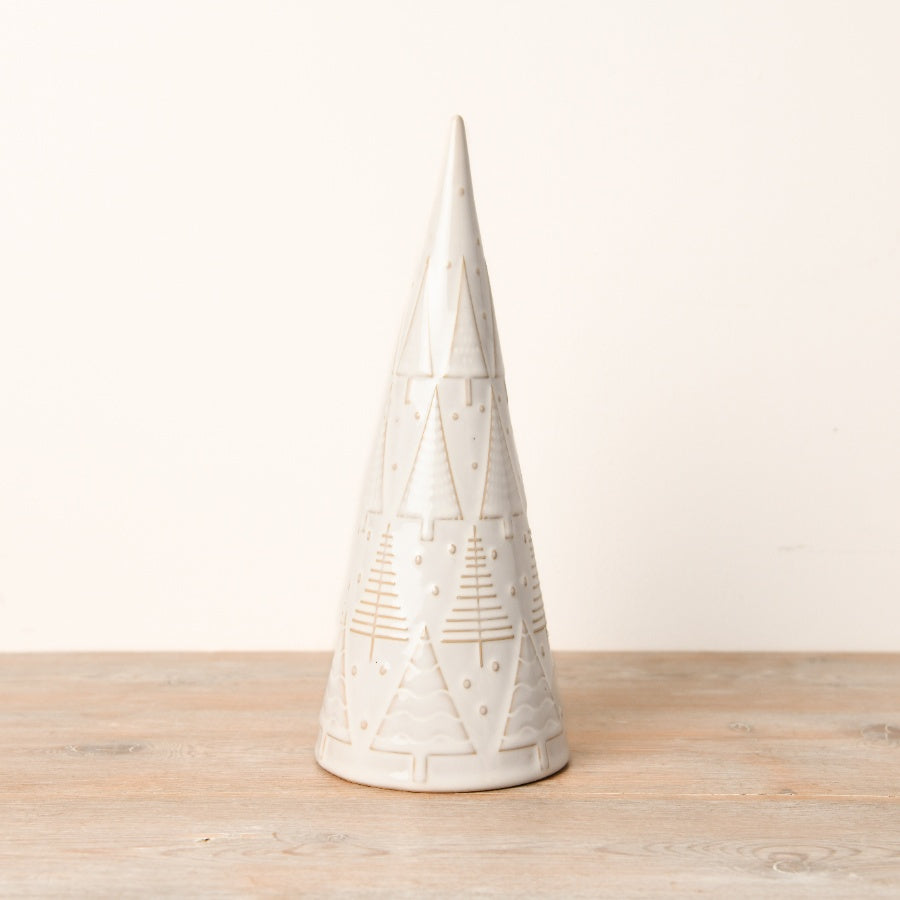 Ceramic White Reactive Glaze Tree 25cm – Elegant Christmas Ornament, Embossed Festive Décor