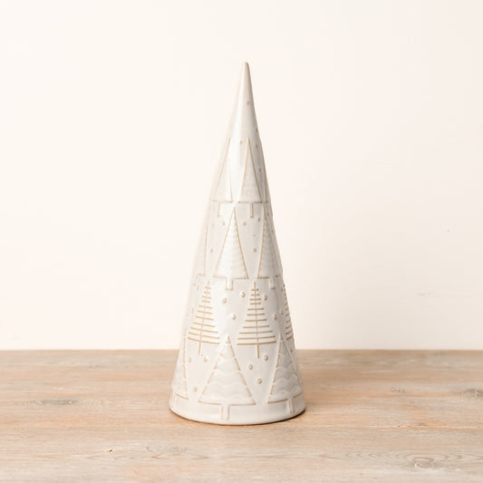 Ceramic White Reactive Glaze Tree 25cm – Elegant Christmas Ornament, Embossed Festive Décor