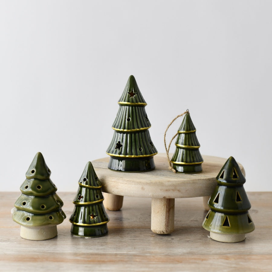 Green LED Tree 12.5cm Dark Glaze Circular Holes Cozy Holiday Decor