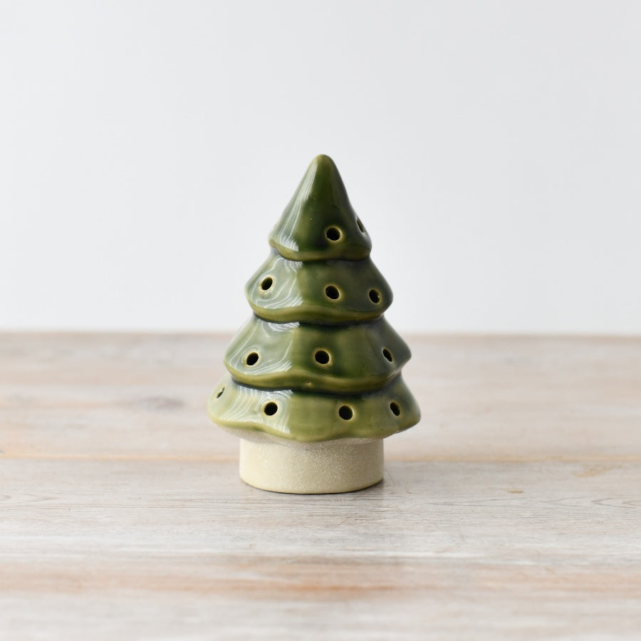 Green LED Tree 12.5cm Dark Glaze Circular Holes Cozy Holiday Decor