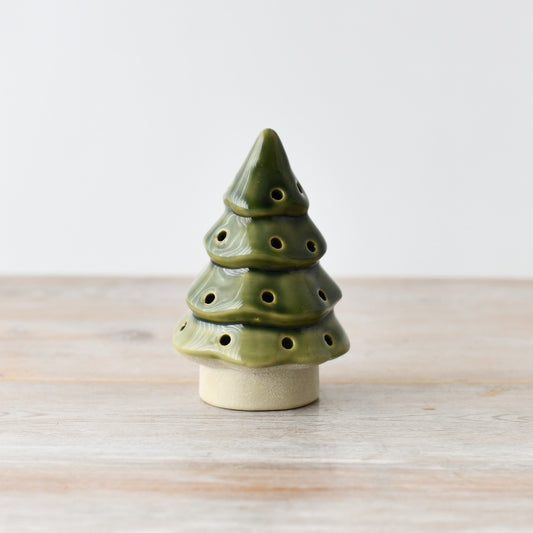 Green LED Tree 12.5cm Dark Glaze Circular Holes Cozy Holiday Decor
