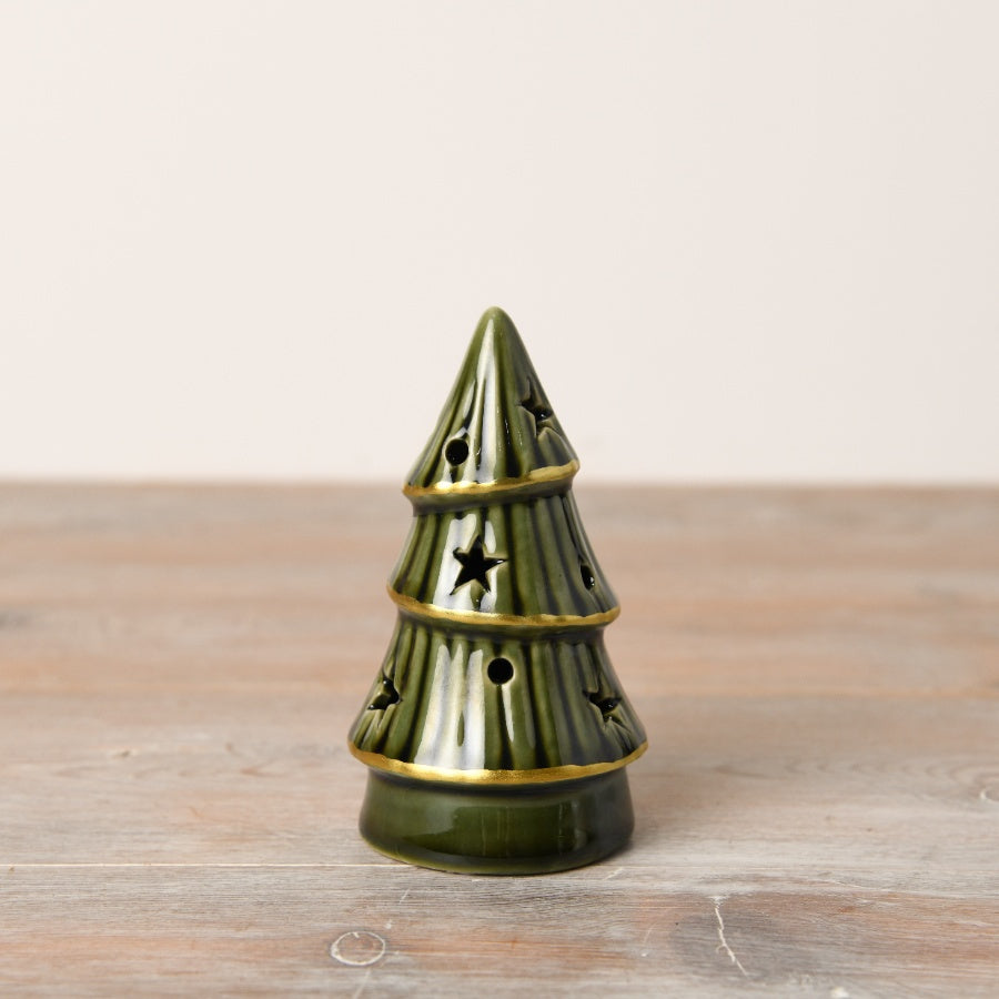 Forest Green LED Tree 11cm Gold Trim Star & Dot Cut Outs