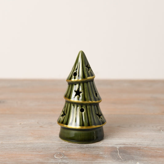 Forest Green LED Tree 11cm Gold Trim Star & Dot Cut Outs