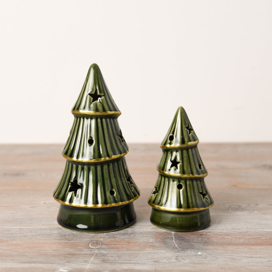 Forest Green LED Tree 11cm Gold Trim Star & Dot Cut Outs