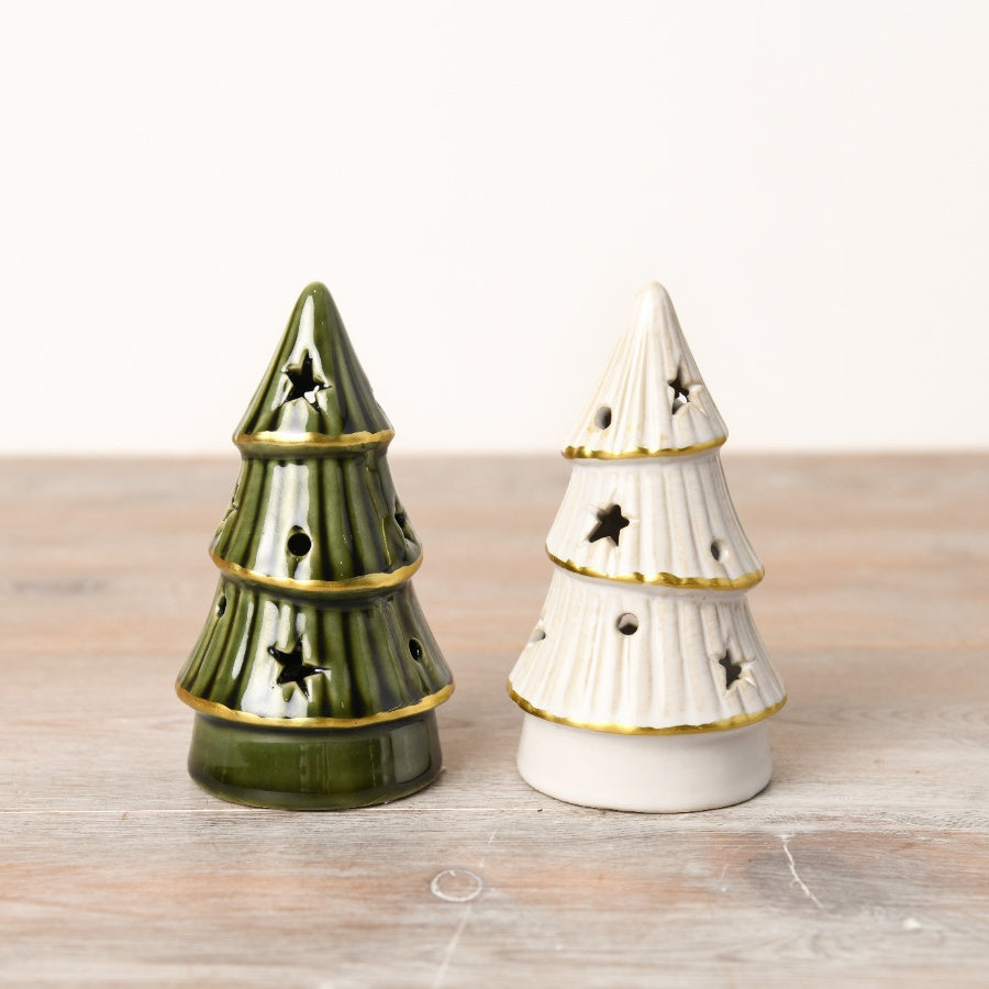 LED White Tree with Gold Trim 16cm Ceramic Star & Dot Cut-Outs