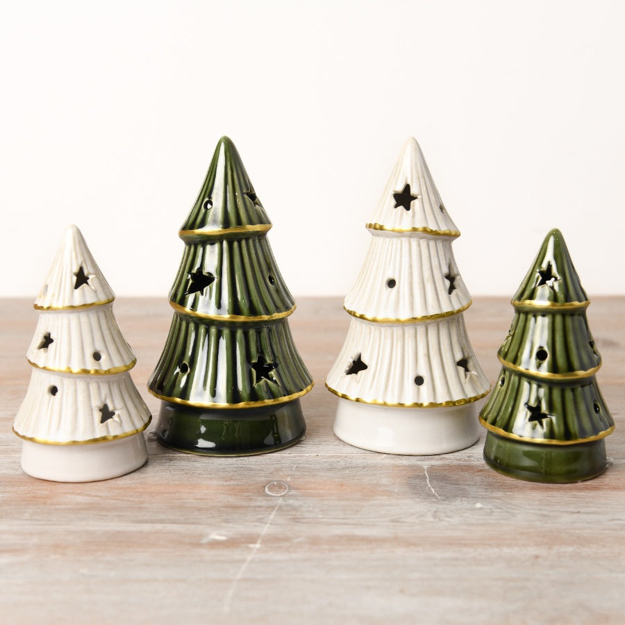 LED White Tree with Gold Trim 16cm Ceramic Star & Dot Cut-Outs