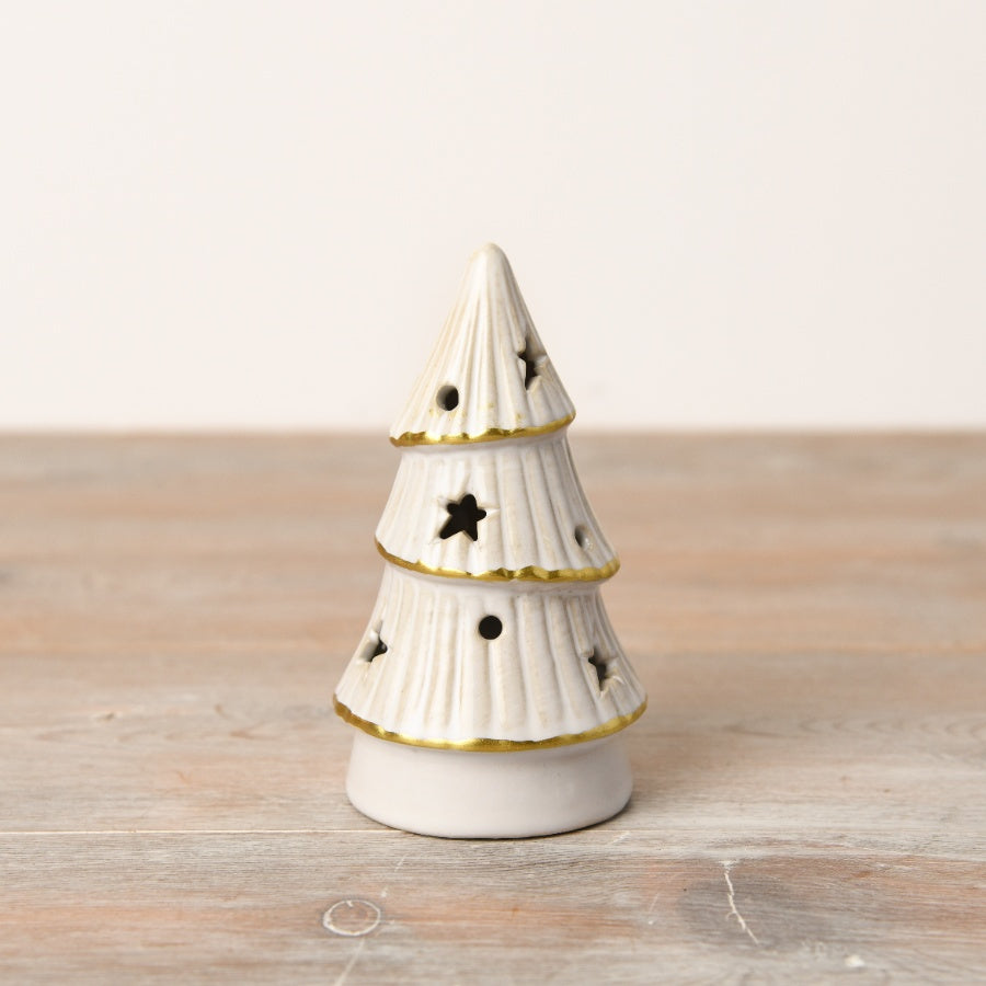 LED White Tree with Gold Trim 16cm Ceramic Star & Dot Cut-Outs