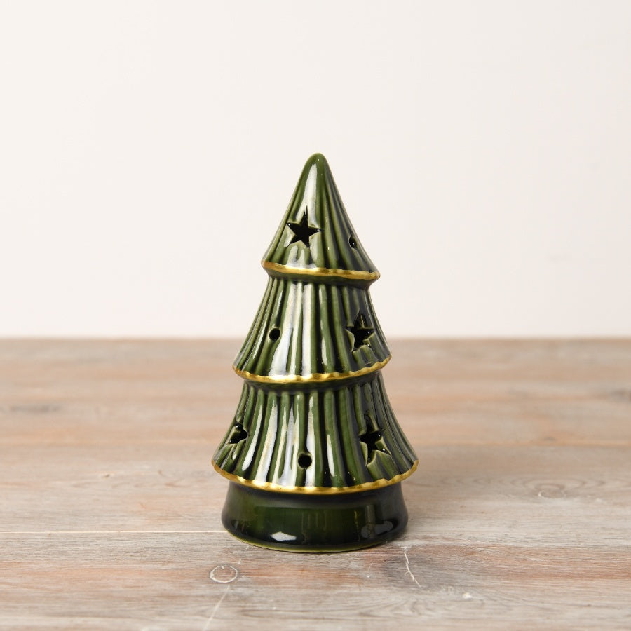 Green LED Tree with Gold Trim 16cm Ribbed Texture Holiday Decor