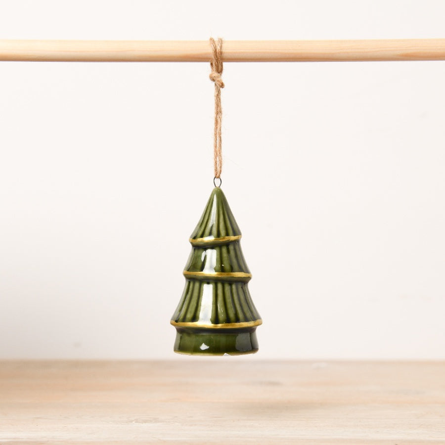 Green Tree Hanger with Gold Trim 10cm Ceramic Holiday Decor