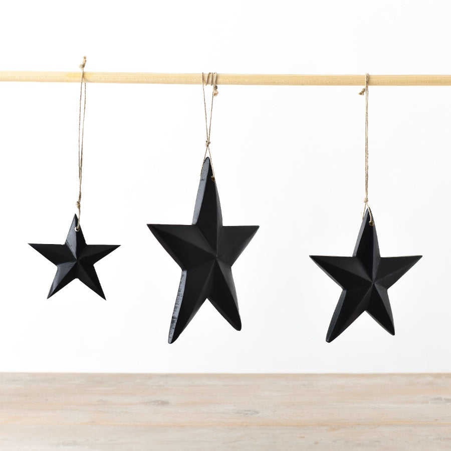 Matt Black Mango Wood Hanging Star – 22cm Modern Rustic Jute String Home Decor