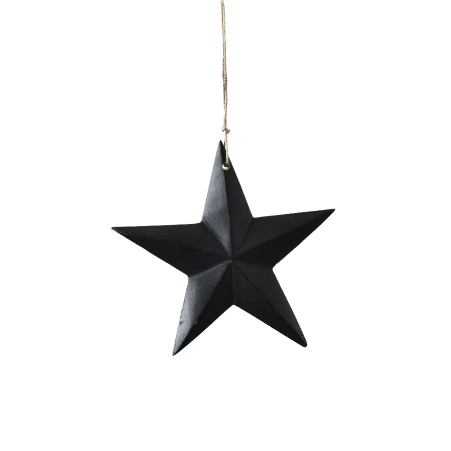 Matt Black Mango Wood Hanging Star – 22cm Modern Rustic Jute String Home Decor