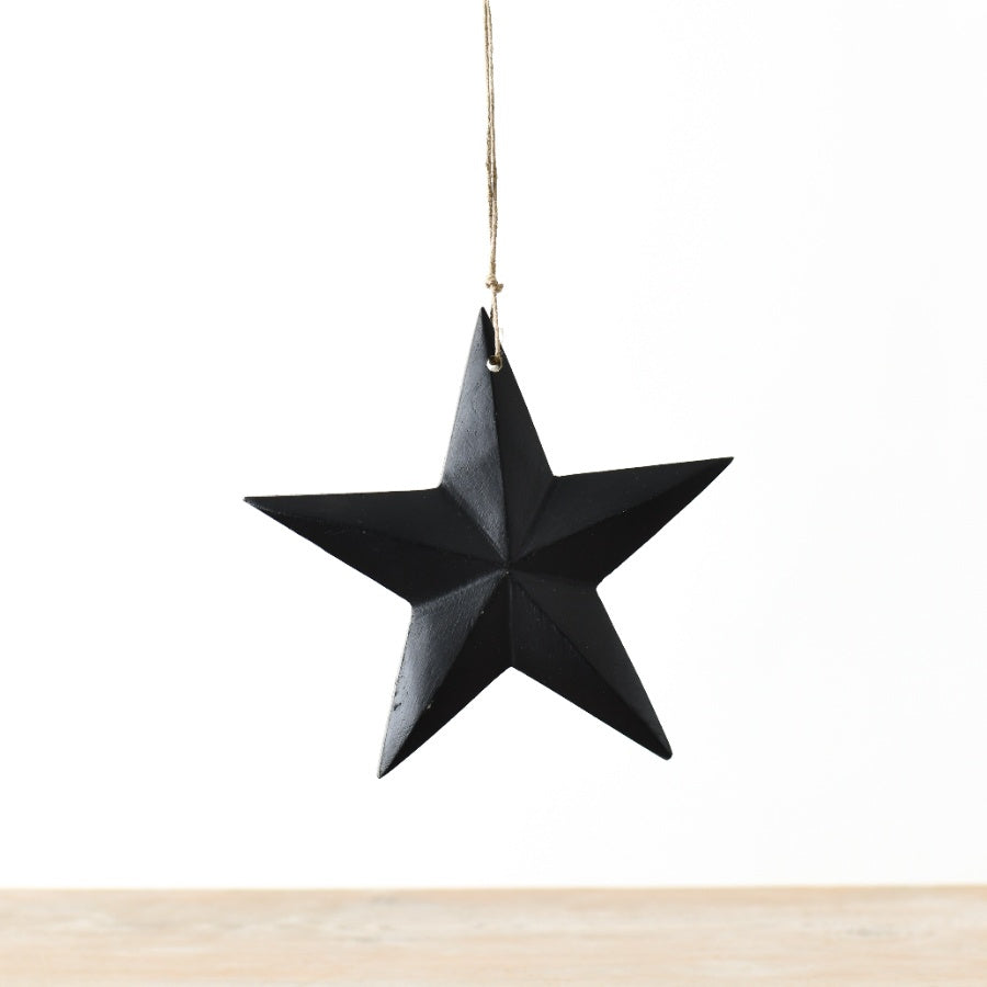 Matt Black Mango Wood Hanging Star – 22cm Modern Rustic Jute String Home Decor