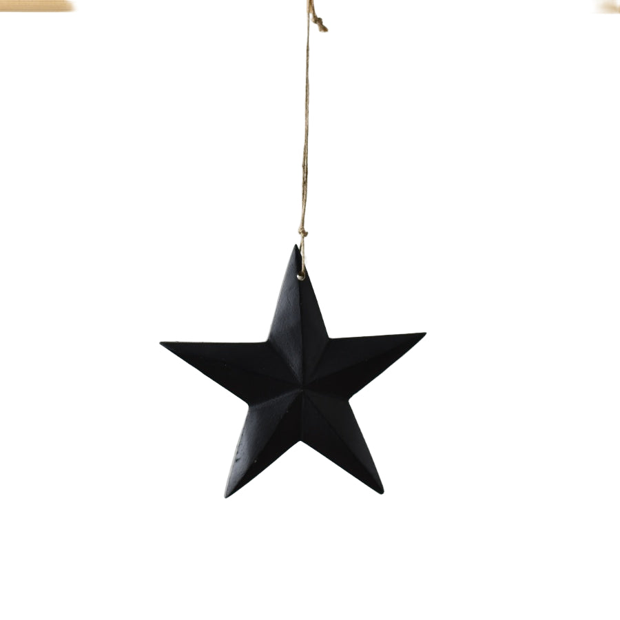 Matt Black Mango Wood Hanging Star – 16cm Modern Rustic Jute String Home Decor