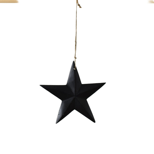 Matt Black Mango Wood Hanging Star – 16cm Modern Rustic Jute String Home Decor