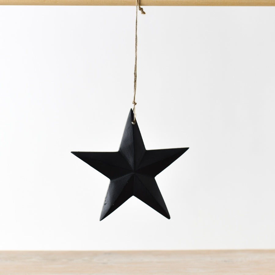 Matt Black Mango Wood Hanging Star – 16cm Modern Rustic Jute String Home Decor
