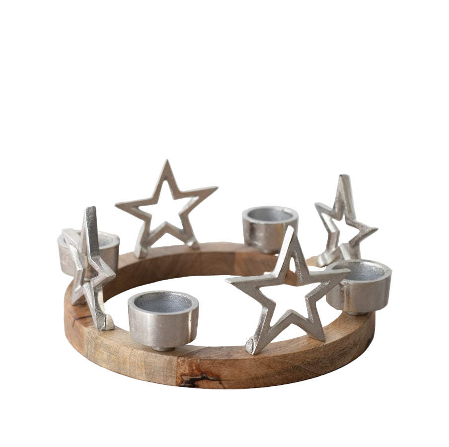 Wooden Ring with Star Tea Light Holder – 25cm Rustic Elegant Candle Centerpiece