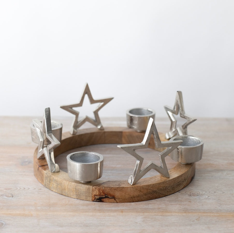 Wooden Ring with Star Tea Light Holder – 25cm Rustic Elegant Candle Centerpiece