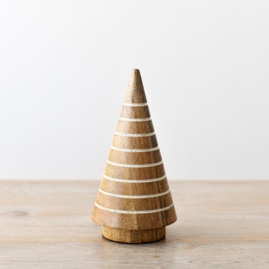 Mango Wood White Striped Tree – 21cm Chic Rustic Christmas Decoration