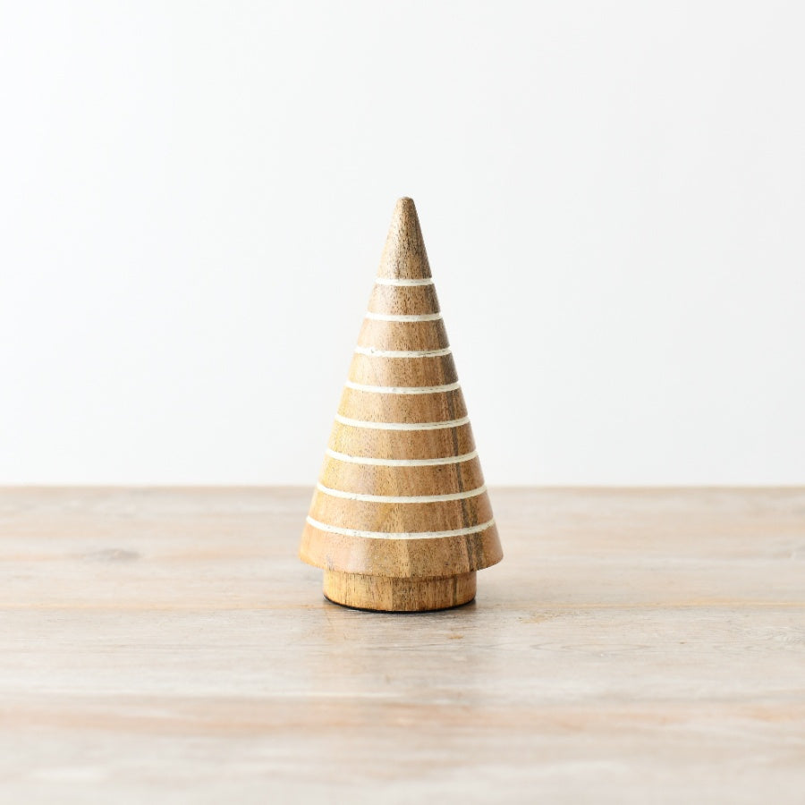 Mango Wood White Striped Tree – 15cm Chic Rustic Christmas Decoration