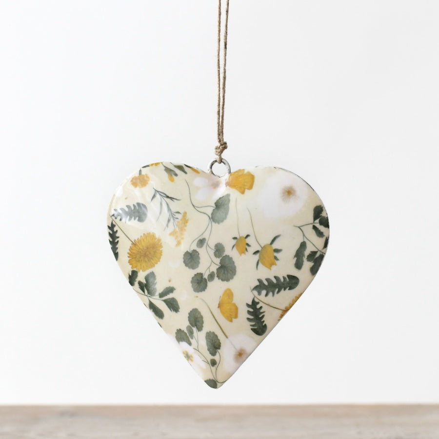 Floral Metal Heart Hanger 10cm Yellow Green Cream Nature Inspired Decor