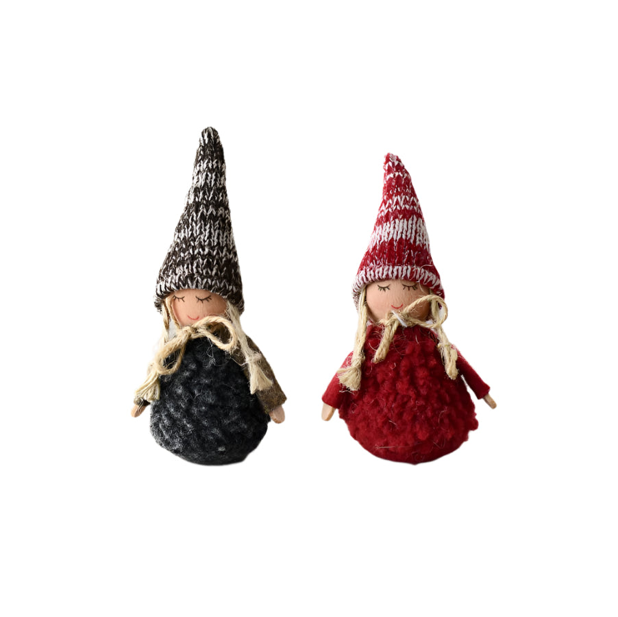 Fabric Dolls 8cm – Set of 2 Red & Green Christmas Decorations with Sherpa Body & Knit Hats