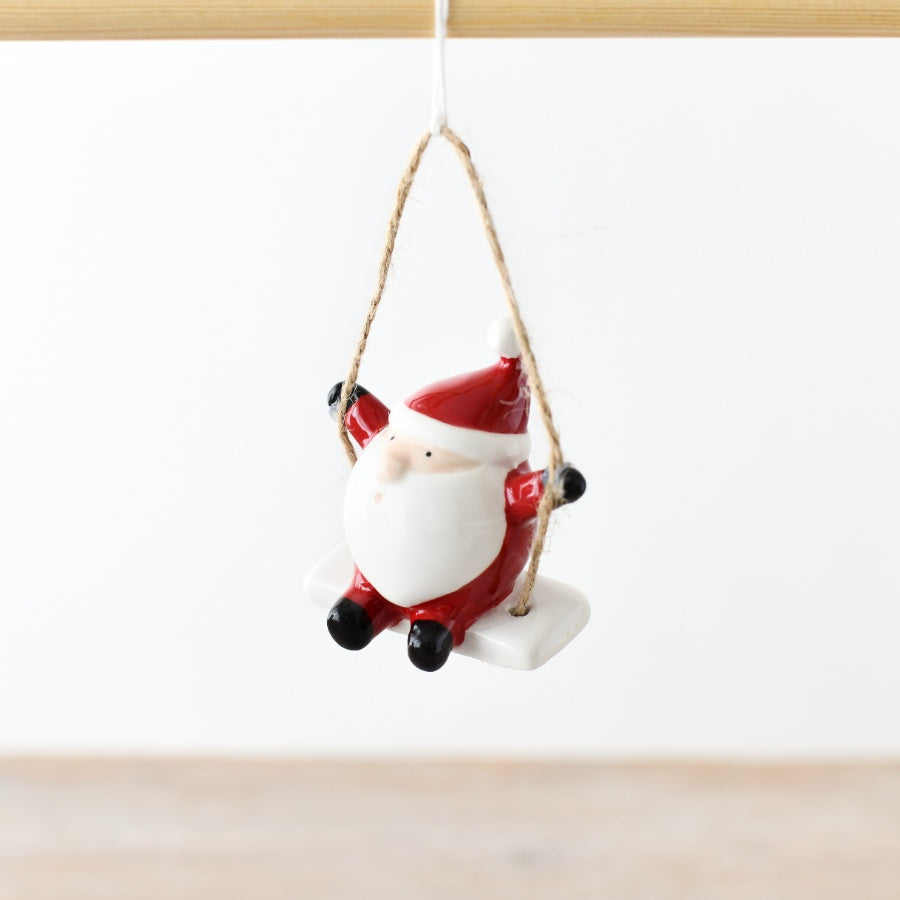 Ceramic Swinging Gonk Santa Ornament with Jute String Hanging Decoration