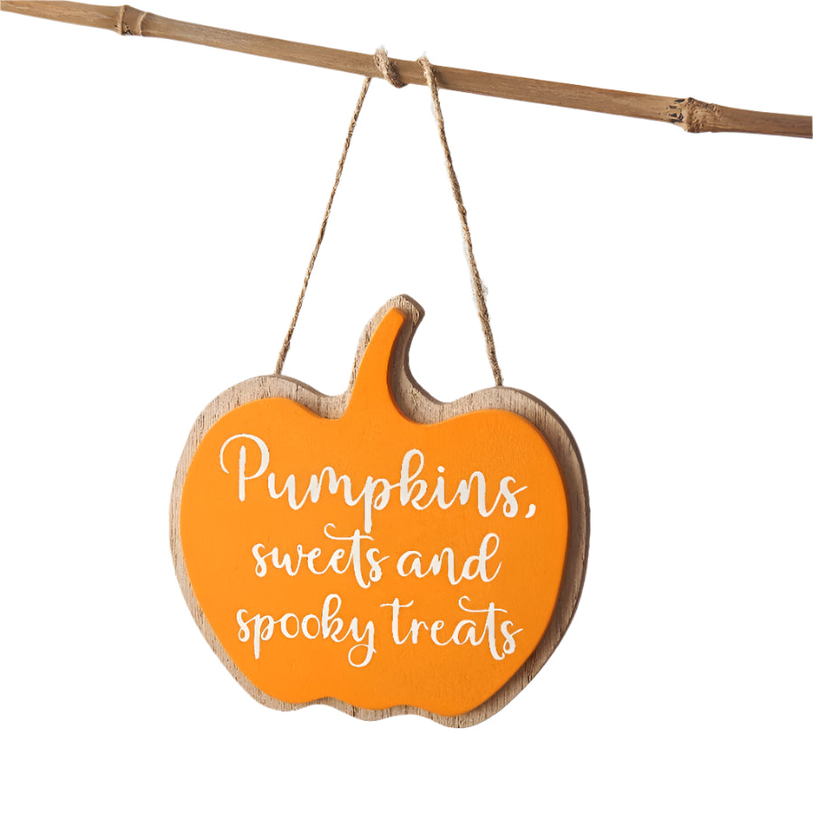 Pumpkins Sweets and Spooky Treats Sign – 11cm Orange Halloween Pumpkin Decoration