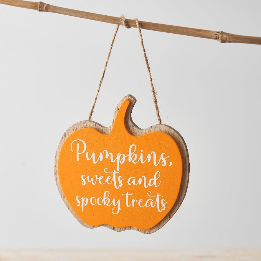 Pumpkins Sweets and Spooky Treats Sign – 11cm Orange Halloween Pumpkin Decoration