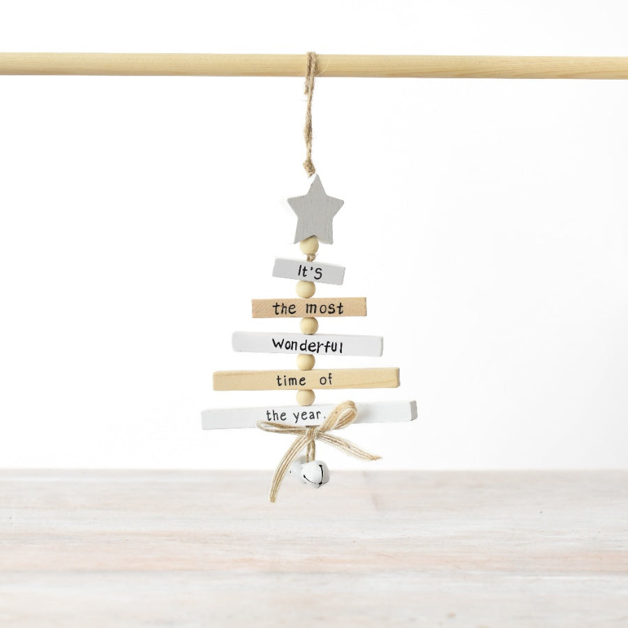 White and Natural Wooden Tree Hanger 26cm Christmas Hanging Decoration