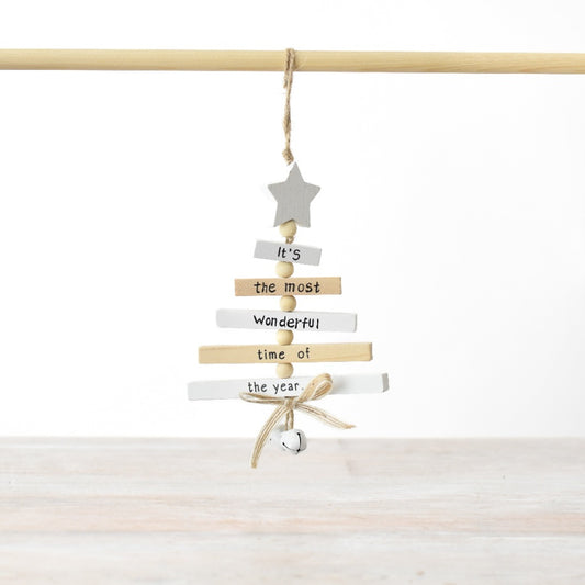 White and Natural Wooden Tree Hanger 26cm Christmas Hanging Decoration