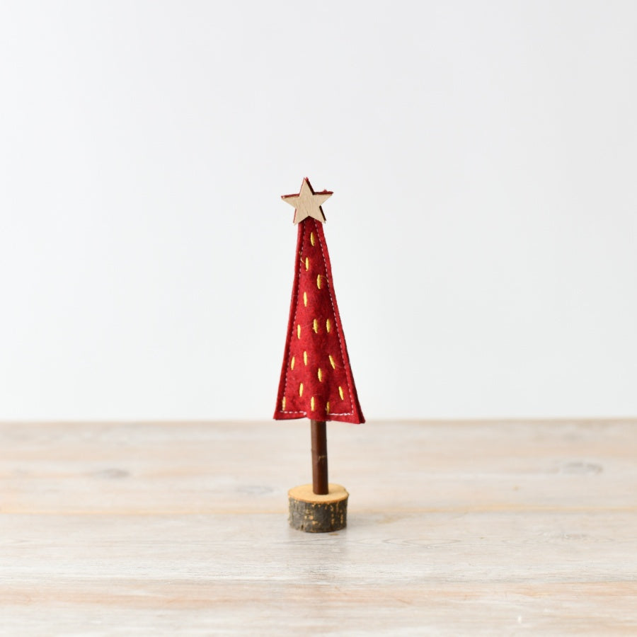 Small Red Felt Christmas Tree – 20cm Festive Holiday Decoration on Wooden Base