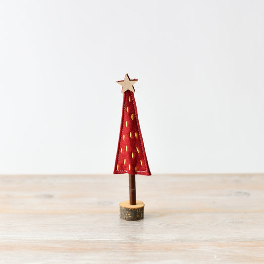 Small Red Felt Christmas Tree – 20cm Festive Holiday Decoration on Wooden Base