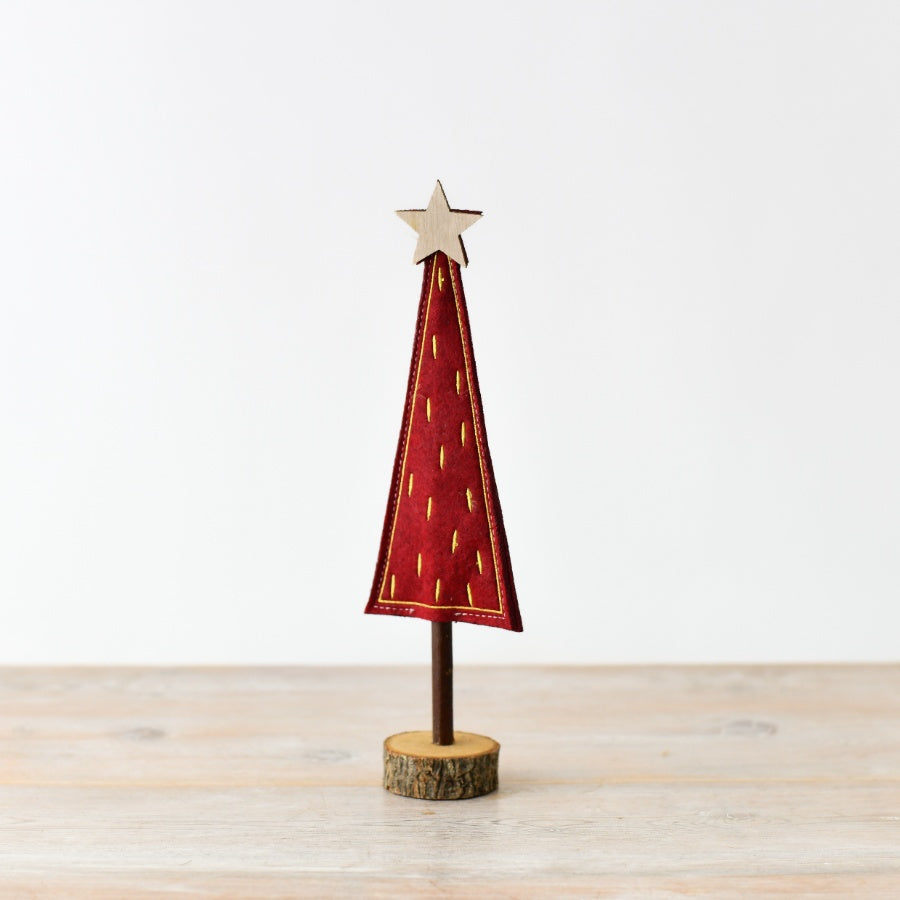 Red & Gold Felt Christmas Tree – 29cm Festive Holiday Decoration on Wooden Base