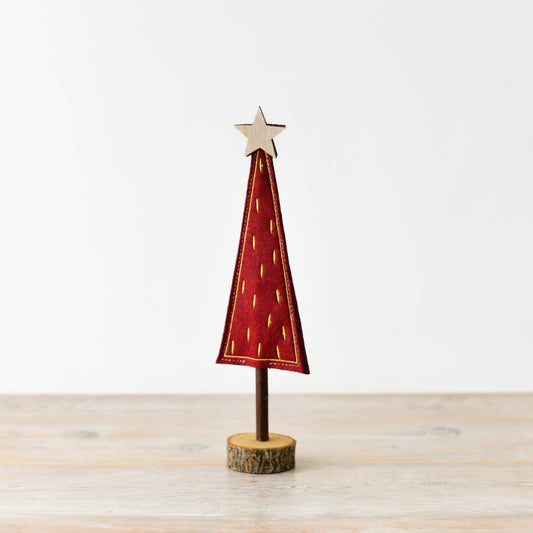 Red & Gold Felt Christmas Tree – 29cm Festive Holiday Decoration on Wooden Base