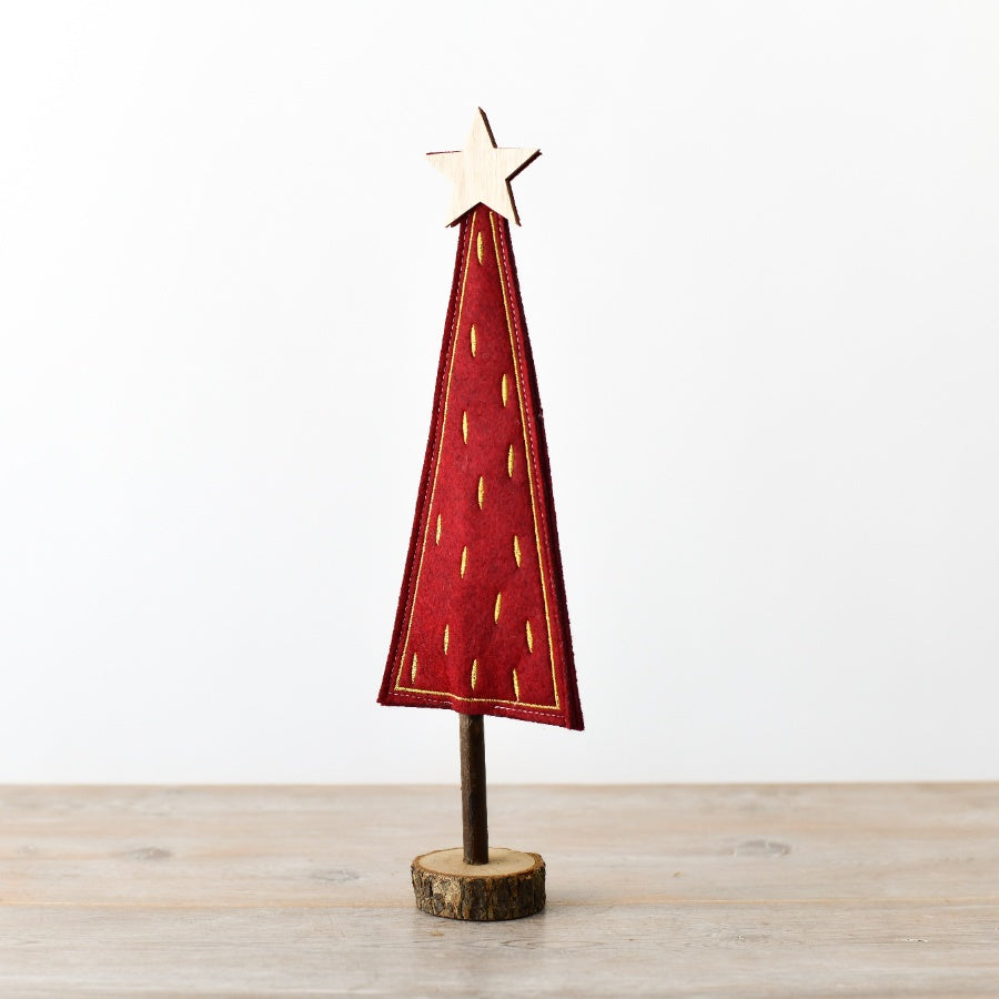 Red & Gold Felt Christmas Tree – 36cm Festive Holiday Decoration on Wooden Base