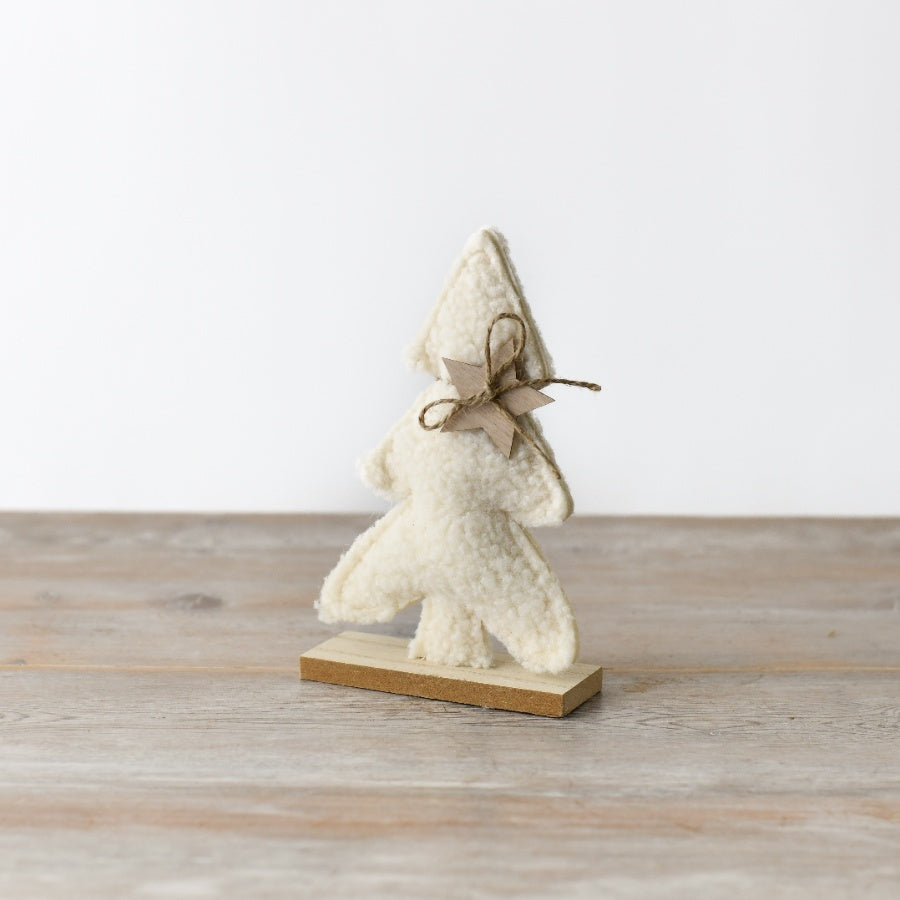 Sherpa Christmas Tree on Wooden Base – 17cm Soft Fabric Festive Decoration
