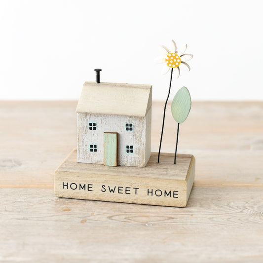 Home Sweet Home Wooden House Ornament with Sunflower 11cm – Rustic Decorative Block House Home Decor Accent