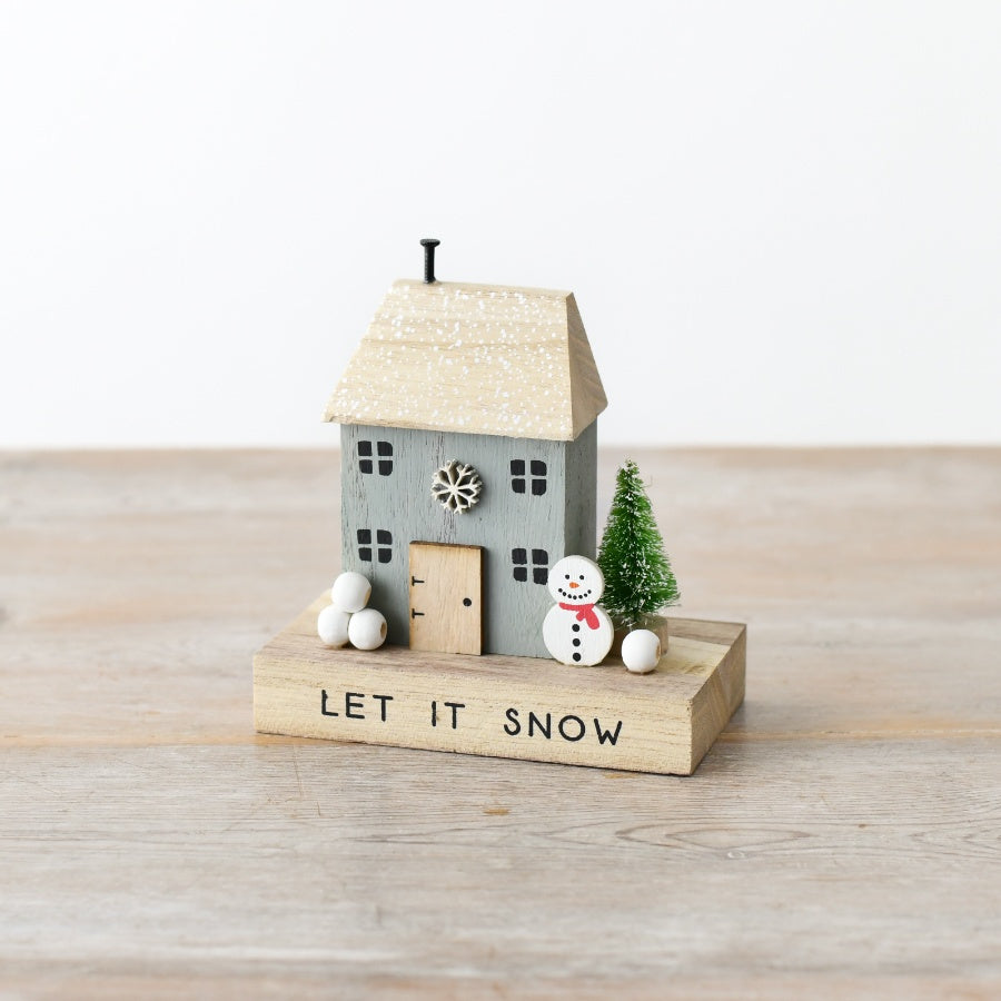 Let It Snow Wooden Block House with Snowman