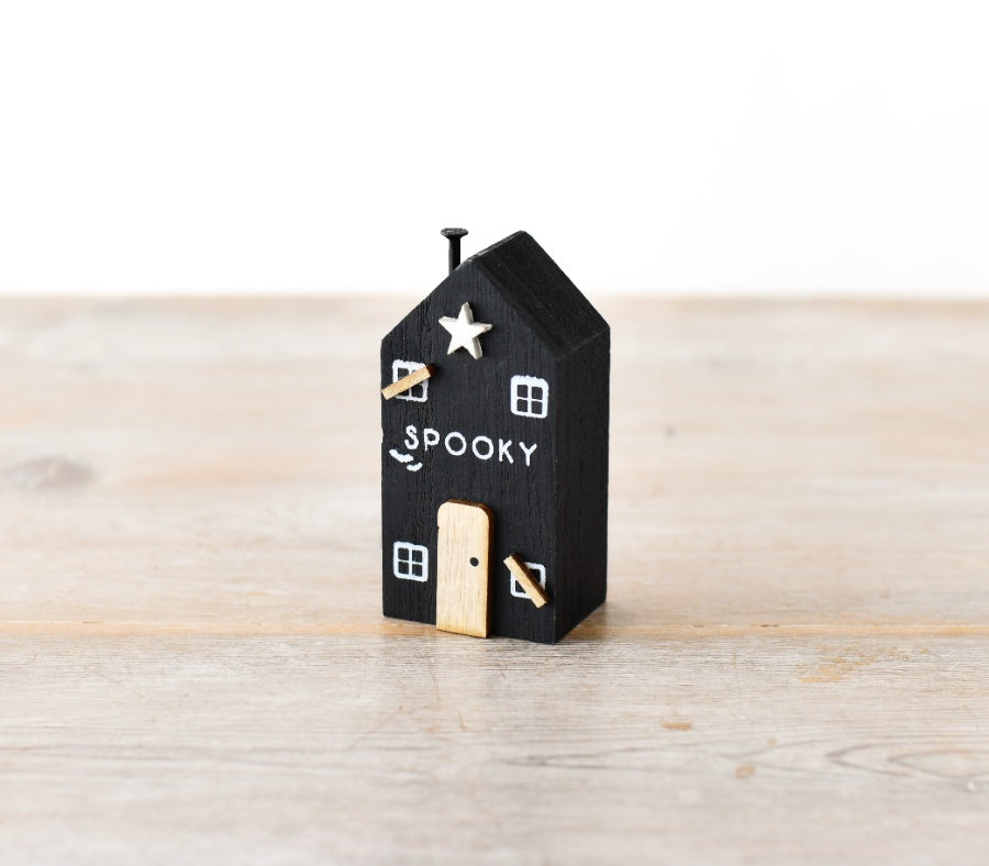 Spooky Halloween House Block – 8cm Mini Wooden Decoration with 3D Details & Slogan