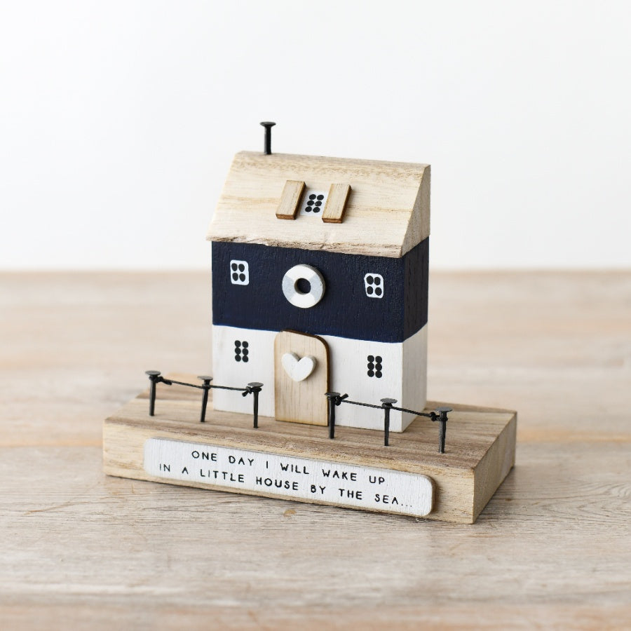 House By The Sea Wooden Block Ornament 13cm Rustic Beach Coastal Decor