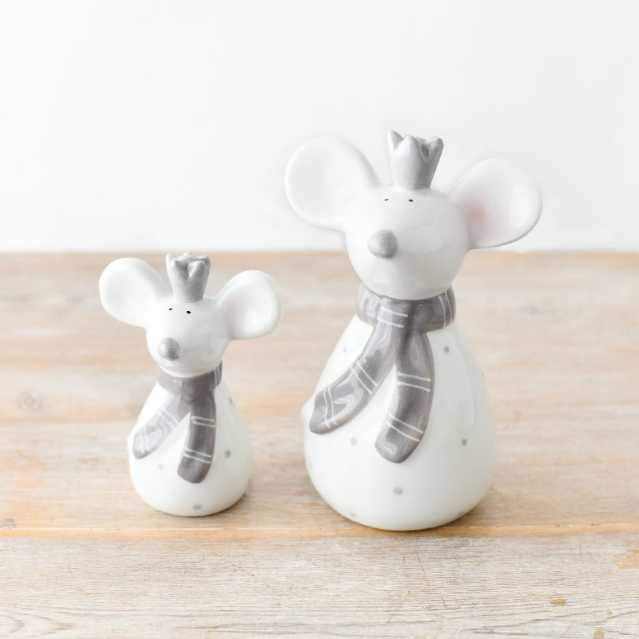 Ceramic Mouse with Crown & Scarf – 10cm Glossy White Ornament, Charming Home Décor