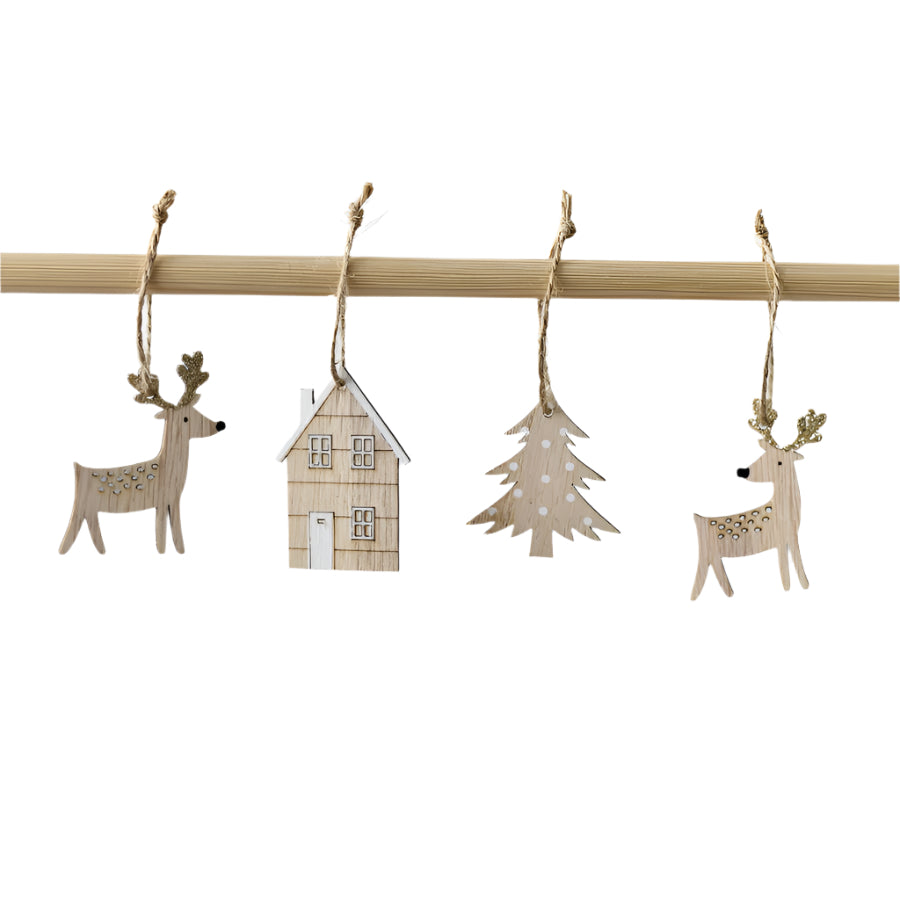 Wooden Tree House Reindeer Christmas Hangers – 13cm Glitter Festive Decorations, Rustic Painted Ornaments for Holiday Tree & Home Décor