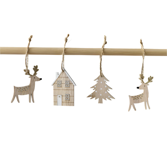 Wooden Tree House Reindeer Christmas Hangers – 13cm Glitter Festive Decorations, Rustic Painted Ornaments for Holiday Tree & Home Décor