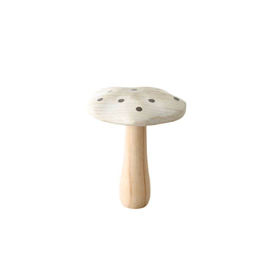 Wooden Mushroom Ornament 15cm – Whitewash Finish with Gold Spots, Whimsical Rustic Décor for Home, Shelf or Garden Display