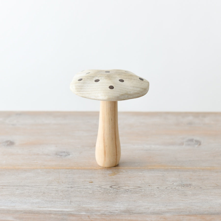 Wooden Mushroom Ornament 15cm – Whitewash Finish with Gold Spots, Whimsical Rustic Décor for Home, Shelf or Garden Display