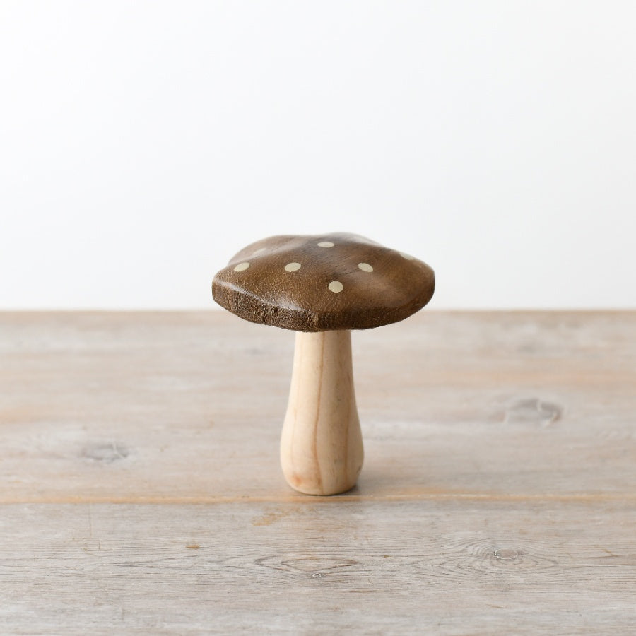 Wooden Mushroom Ornament 12cm – Natural Finish with Gold Spots, Rustic Elegant Decoration for Shelf, Table or Seasonal Display
